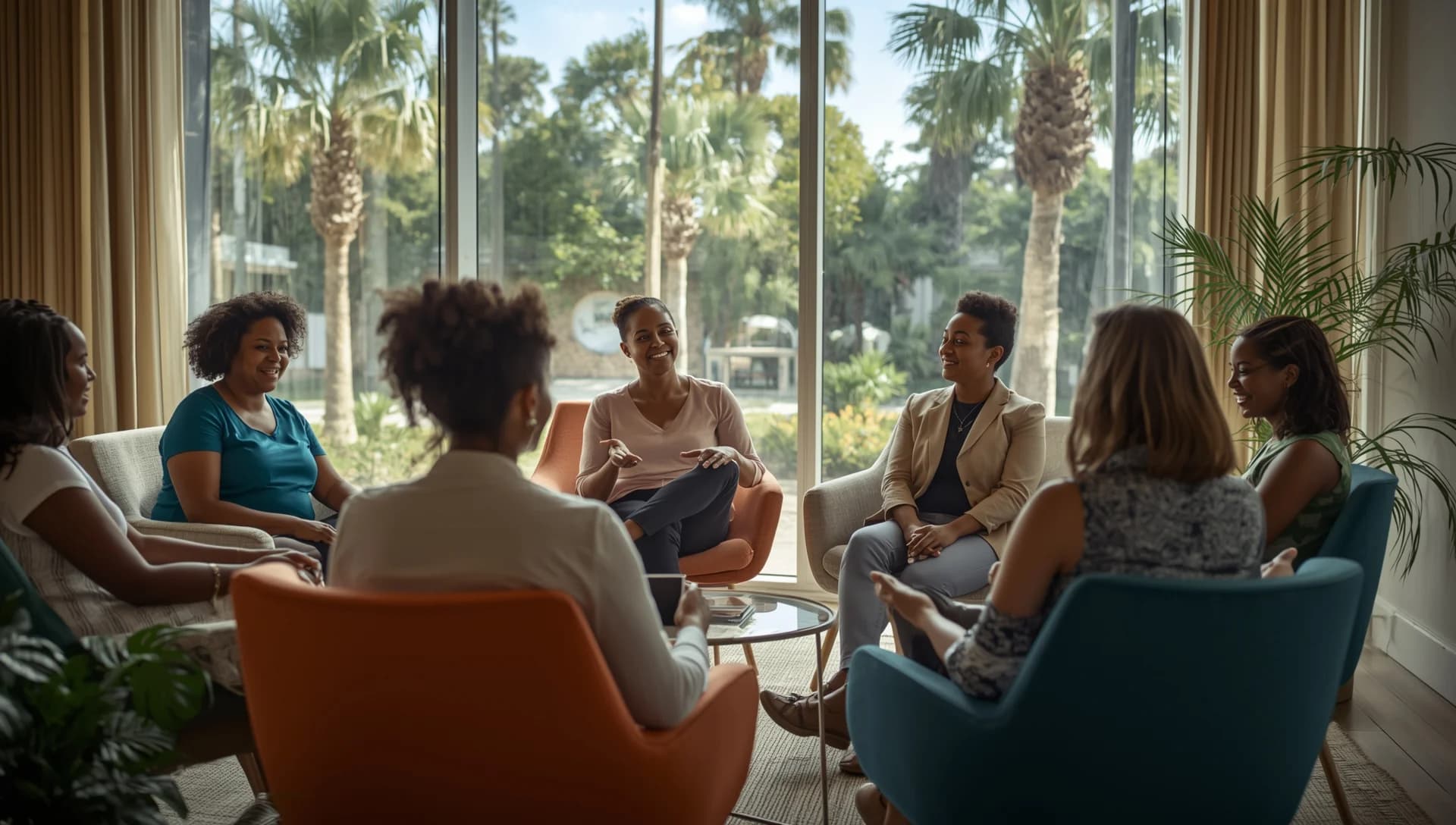 Diverse support group therapy session in a bright Florida wellness center - community recovery and healing together