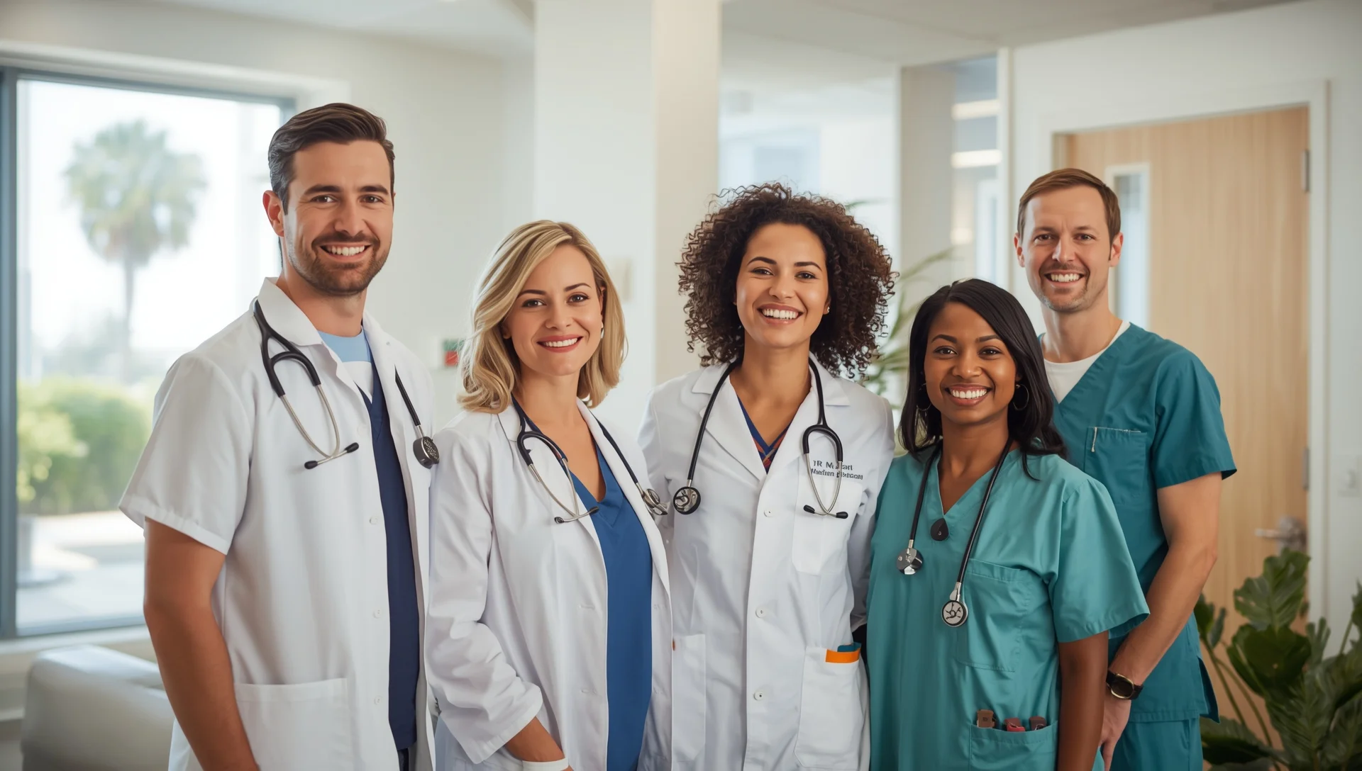 Friendly team of healthcare professionals in a modern Florida rehabilitation center